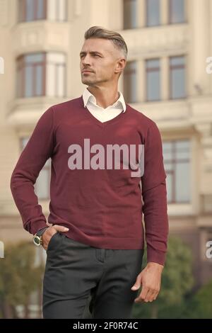 Confident manager. Handsome man. Suitable in current circumstances. Masculinity concept. Daily outfit. Man model clothes shop. Menswear and fashionable clothing. Man looks handsome in casual style. Stock Photo