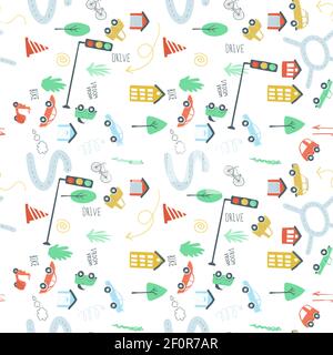 endless pattern set city cars traffic lights road. simple hand drawing style vector illustration. Stock Vector