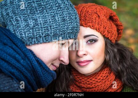 Closeup portrait romantic happy couple at fall Stock Photo
