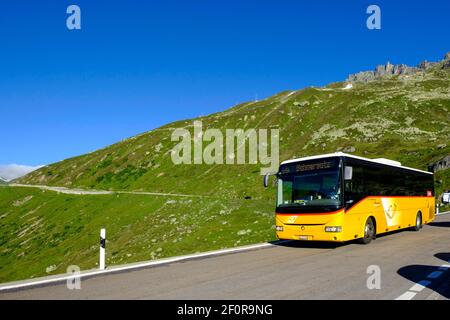 Postbus, pass road Furkapass, Furkastrasse, Andermatt canton Uri, Switzerland Stock Photo