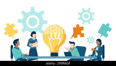 Vector of a business team brainstorming new idea sitting at office table Stock Vector