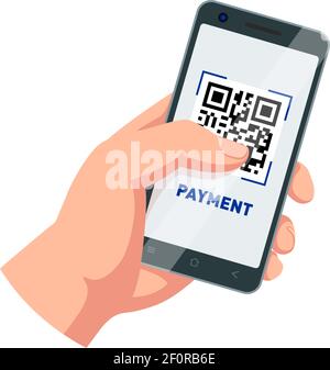 Payment QR code on screen. Hand holding smartphone. Mobile payment vector template on transparent background Stock Vector