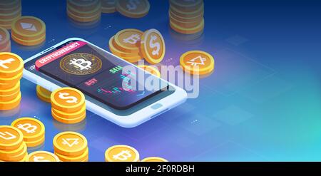 Vector of a smartphone with bitcoin chart on screen and buy sell buttons among piles of dollar and bit coins. Crypto currency trading concept Stock Vector