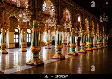 Beautifully carved and intricately painted colourful audience hall of Mysore Palace in Karnataka, India Stock Photo