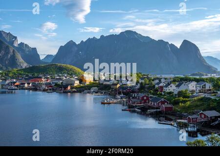 Reine, Reinefjord with mountains, Moskenes, Moskenesoey, Lofoten, Norway Stock Photo