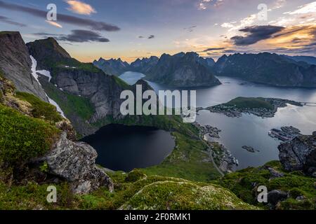 Evening atmosphere, view from Reinebringen, Reinebriggen, Hamnoy, Reine and the Reinefjord with Bergen, Moskenes, Moskenesoey, Lofoten, Norway Stock Photo