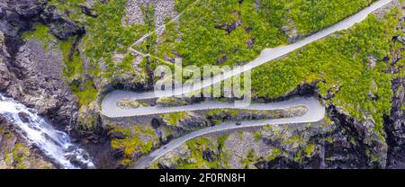 Aerial view, hairpin bends at the mountain road Trollstigen, near Andalsnes, More og Romsdal, Vestland, Norway Stock Photo