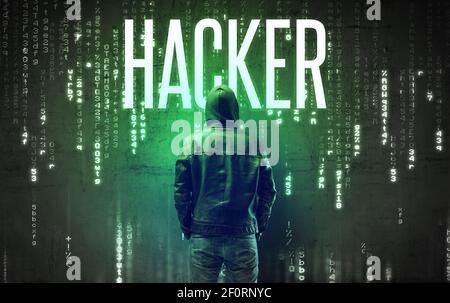 Faceless hacker with HACKER inscription, hacking concept Stock Photo