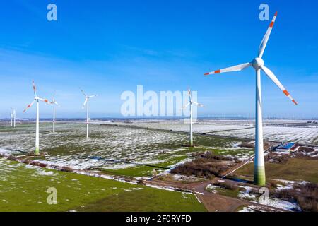 Bird's eye view of wind farm, Egeln, Saxony-Anhalt, Germany Stock Photo