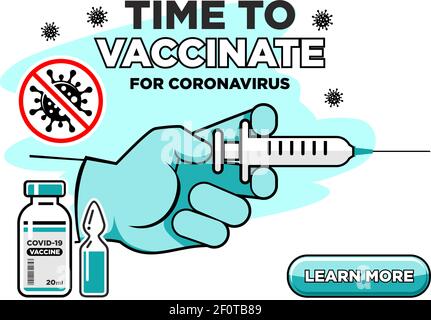 Landing page for coronavirus vaccination site. Drug preparations, vaccine, medical hand with syringe with needle on transparent background. Vector Stock Vector