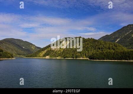 Isar river dammed at Sylvenstein Dam, Isar Valley at Isarwinkel, Upper ...