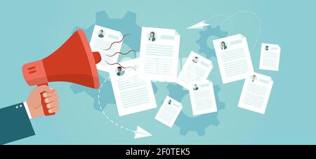 Vector of a hr manger with megaphone making an announcement to a job applicants Stock Vector