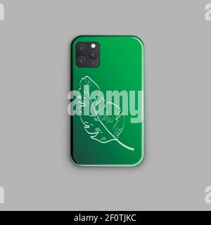 Stylish smartphone case design with beautiful green gradient design and tropical banana leaf sketch. Stylish smartphone mockup Stock Vector