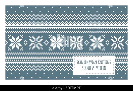 Scandinavian knitting seamless pattern design. Nordic star pattern in white and blue. Stock Vector