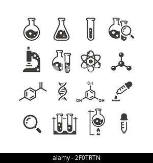 Chemistry and science black vector icon set. Test tubes, microscope, atom and molecule symbols. Stock Vector