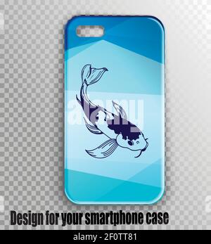 Smartphone case with stylish blue geometry design and japanese carp sketch. Mock up smartphone Stock Vector