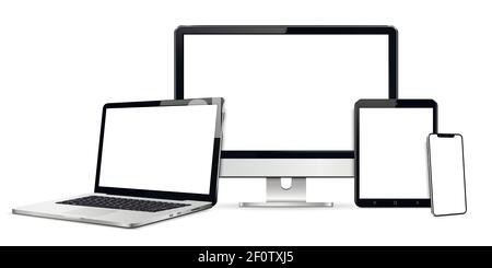 Realistic device set: pc monitor, laptop, tablet and phone template. Stock Vector