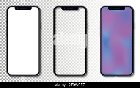 Realistic smartphones with white, transparent and soft color mesh gradient screen, isolated on transparent background. Stock Vector