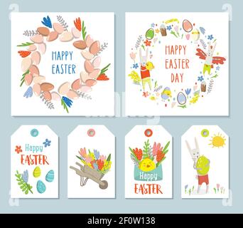 Set square easter cards, gift tags and labels. Wreath off easter egg, easter bunnies, flowers, spring clipart. Easter elements. Cute and modern vector Stock Vector