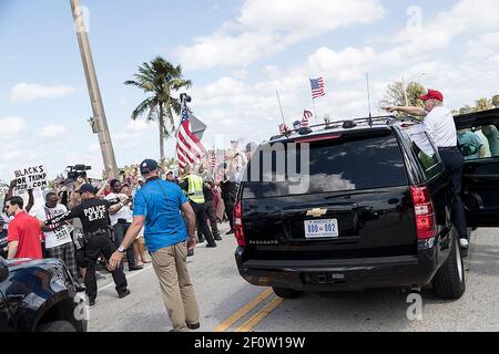 President Donald Trump waves to supporters on Saturday March 4 2017 in West Palm Beach Florida. Stock Photo