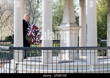 President Donald Trump lays a wreath Wednesday March 15 2017 during a ceremony at Andrew Jackson's Hermitage in Hermitage Tennessee. Stock Photo