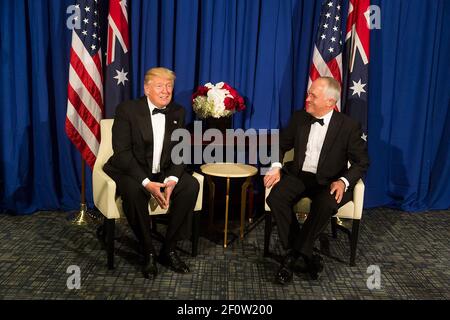 President Donald Trump meets with Australian Prime Minister Malcolm Turnbull for a bilateral meeting aboard the Intrepid Sea Air & Space Museum Thursday May 4 2017 in New York City. The two leaders also participated in the 75th anniversary of the Battle of the Coral Sea commemorative dinner aboard the aircraft carrier Intrepid.ader Visits Stock Photo