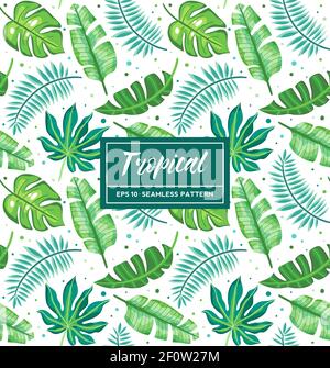 Tropical seamless pattern with exotic palm leaves on white background. Perfect for wallpapers; pattern fills; web page backgrounds; surface and fabric Stock Vector