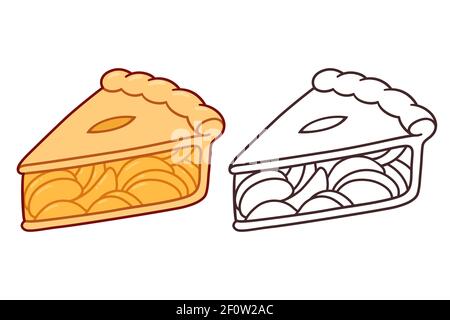 Cartoon apple pie slice. Color drawing and black and white line art. Isolated vector clip art illustration. Stock Vector