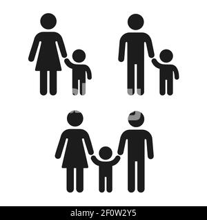 Adult and child holding hand icon, family and single parent. Simple people figure icons, vector symbol set. Stock Vector