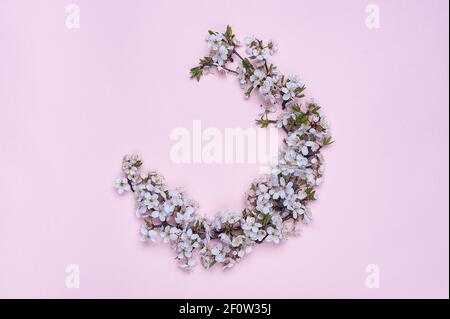 Round frame wreath made of spring flowers on pink background. Top view. The concept of spring and March 8 Stock Photo