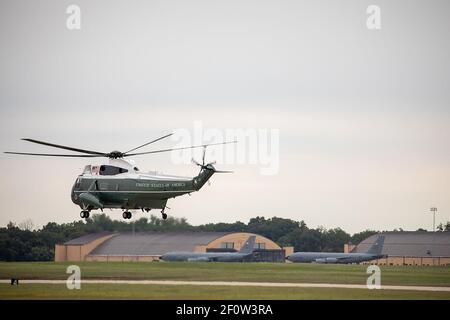 Marine One carrying President Donald Trump departs the airfield at Joint Base Andrews Md. Thursday Sept. 27 2018 en route to the White House. Stock Photo