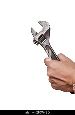 Human hand with adjustable wrench isolated on white background with clipping path. Copy space, no shadows Stock Photo