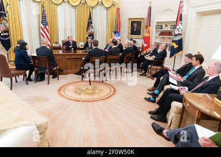 President Donald Trump joined by Vice President Mike Pence United States Trade Representative Ambassador Robert Lighthizer and Cabinet members welcomes Chinese Vice Premier Liu He Thursday Jan. 31 2019 to the Oval Office of the White House following two-days of U.S. â€“ China trade talk. Stock Photo
