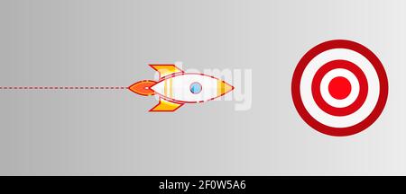 The rocket flies to the target. Business startup concept. Retro spaceship cartoon. Isolated on white background. Flat style. Vector illustration Stock Vector