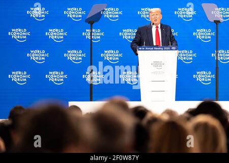 President Donald Trump delivers the opening remarks at the 50th Annual World Economic Forum meeting Tuesday Jan. 21 2020 at the Davos Congress Centre in Davos Switzerland.