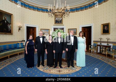 President Donald Trump and First Lady Melania Trump pose for a photo with Vice President Mike Pence Second Lady Karen Pence Australian Prime Minister Scott Morrison and his wife Mrs. Jenny Morrison Friday Sept. 20 2019 in the Blue Room of the White House. Stock Photo