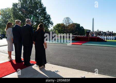 President Donald Trump First Lady Melania Trump Australian Prime Minister Scott Morrison and his wife Mrs. Jenny Morrison participate in the Official State Arrival Ceremony Friday Sept. 20 2019 on the South Lawn of the White House. Stock Photo