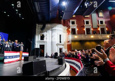 President Donald Trump is applauded as he addresses his remarks at the North Carolina Opportunity Now Summit Friday Feb. 7 2020 at the Dale F. Halton Theater of Central Piedmont Community College in Charlotte N.C. Stock Photo