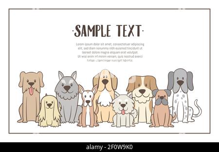 Herd of dogs with sample text. Hand drawn illustration background. Sat dogs in front view position. Vector illustration. Stock Vector