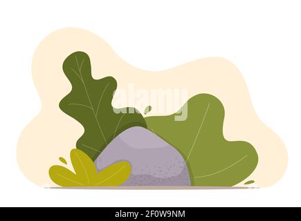 Landscape design composition with bushes and stone. Cute floral composition for greeting card, banner, flyer, app, website on ecological, botanic, lan Stock Vector