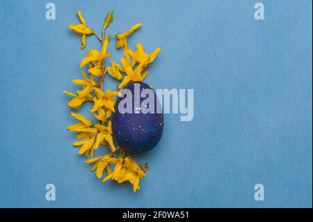 Blue easter egg with yellow flowers on a blue background. Top view. Stock Photo