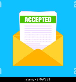 College or university acceptance letter with envelope and paper sheets document email. Job employment offer, college acceptance success or business em Stock Vector