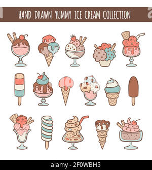 Set of 16 hand drawn vector ice cream illustrations isolated on white. Cones and ice creams with different flavours made in cartoon style. Stock Vector