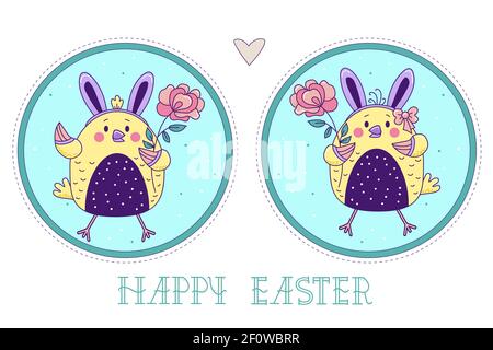 A pair of cute birds. Easter chicks girl and boy with bunny ears and with a rose on a decorative round background. Vector illustration. colorful Happy Stock Vector