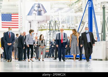 President Donald Trump and First Lady Melania Trump joined by Vice President Mike Pence Second Lady Karen Pence and leadership from NASA and Lockheed Martin participate in a tour of the Orion capsules Wednesday May 27 2020 at the Kennedy Space Center Operational Support Building in Cape Canaveral Fla. Stock Photo
