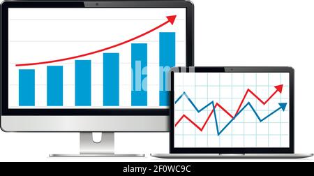 Realistic computer monitor and laptop mock up with analytics dashboards Stock Vector