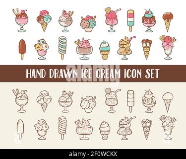 Ice cream doodle icon set. Cones and ice creams with different flavours made in cartoon style. Vector illustration. Stock Vector