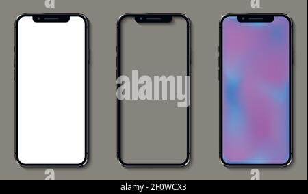 Realistic smartphones with white, transparent and soft color mesh gradient screen. Smartphone mockup. Stock Vector
