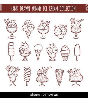 Set of 16 hand drawn vector ice cream illustrations isolated on white. Cones and ice creams made in doodle style. Stock Vector