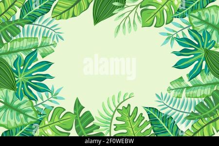Tropical frame design with exotic plants. Green background with place for text. Template for greeting cards, banners, posters... Stock Vector